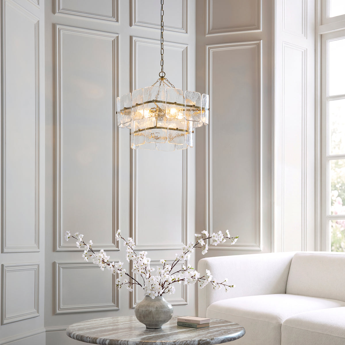 Venice Four Light Two Tier Square Pendant with Clear Textured Glass Panels