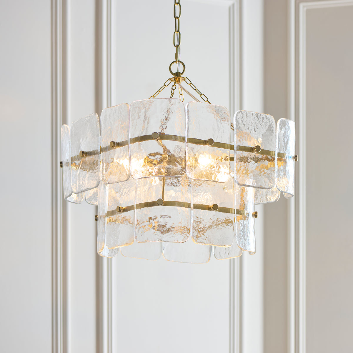 Venice Four Light Two Tier Square Pendant with Clear Textured Glass Panels