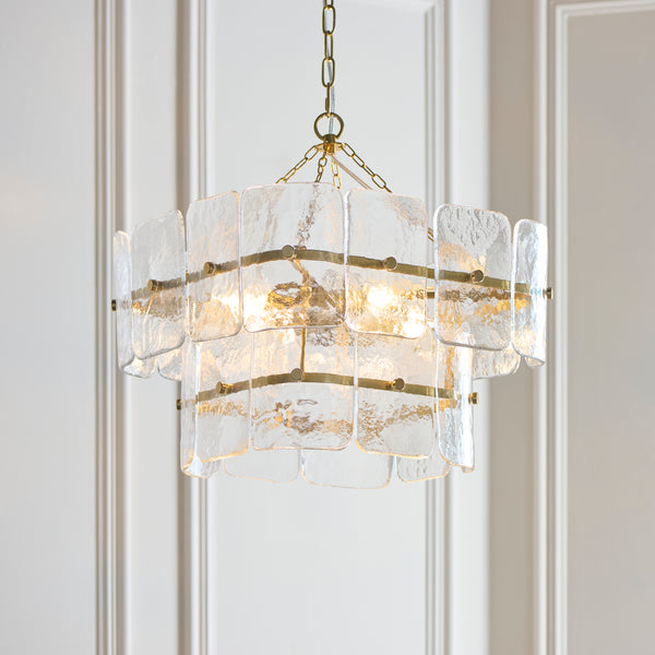 Venice Four Light Two Tier Square Pendant with Clear Textured Glass Panels