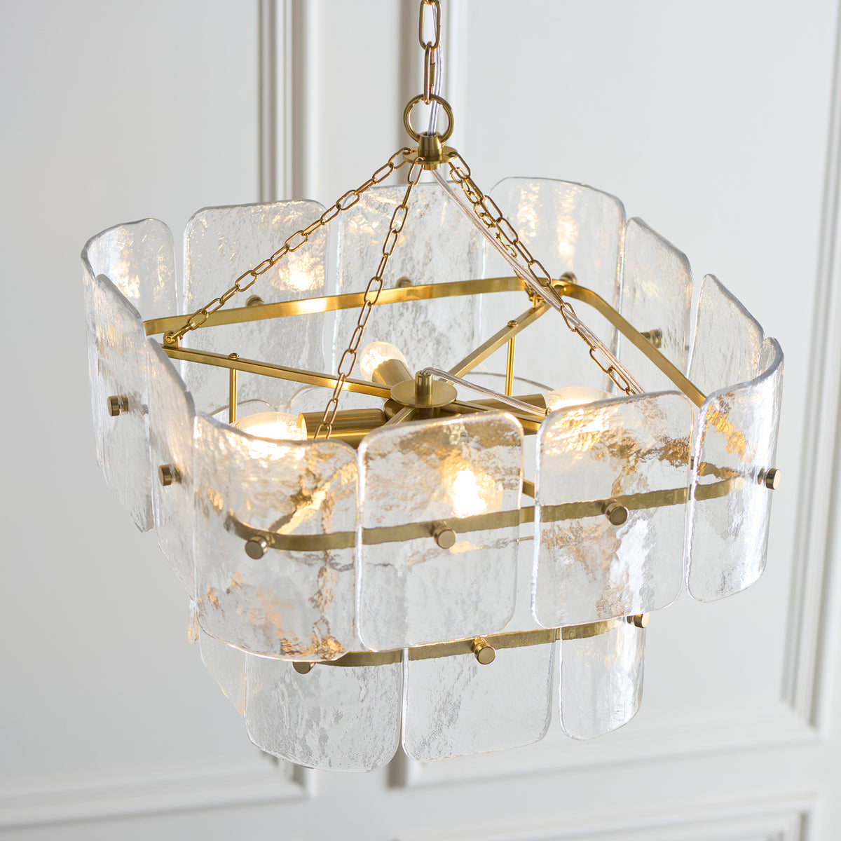 Venice Four Light Two Tier Square Pendant with Clear Textured Glass Panels
