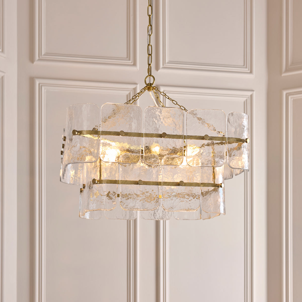 Venice Six Light Two Tier Square Pendant with Clear Textured Glass Panels