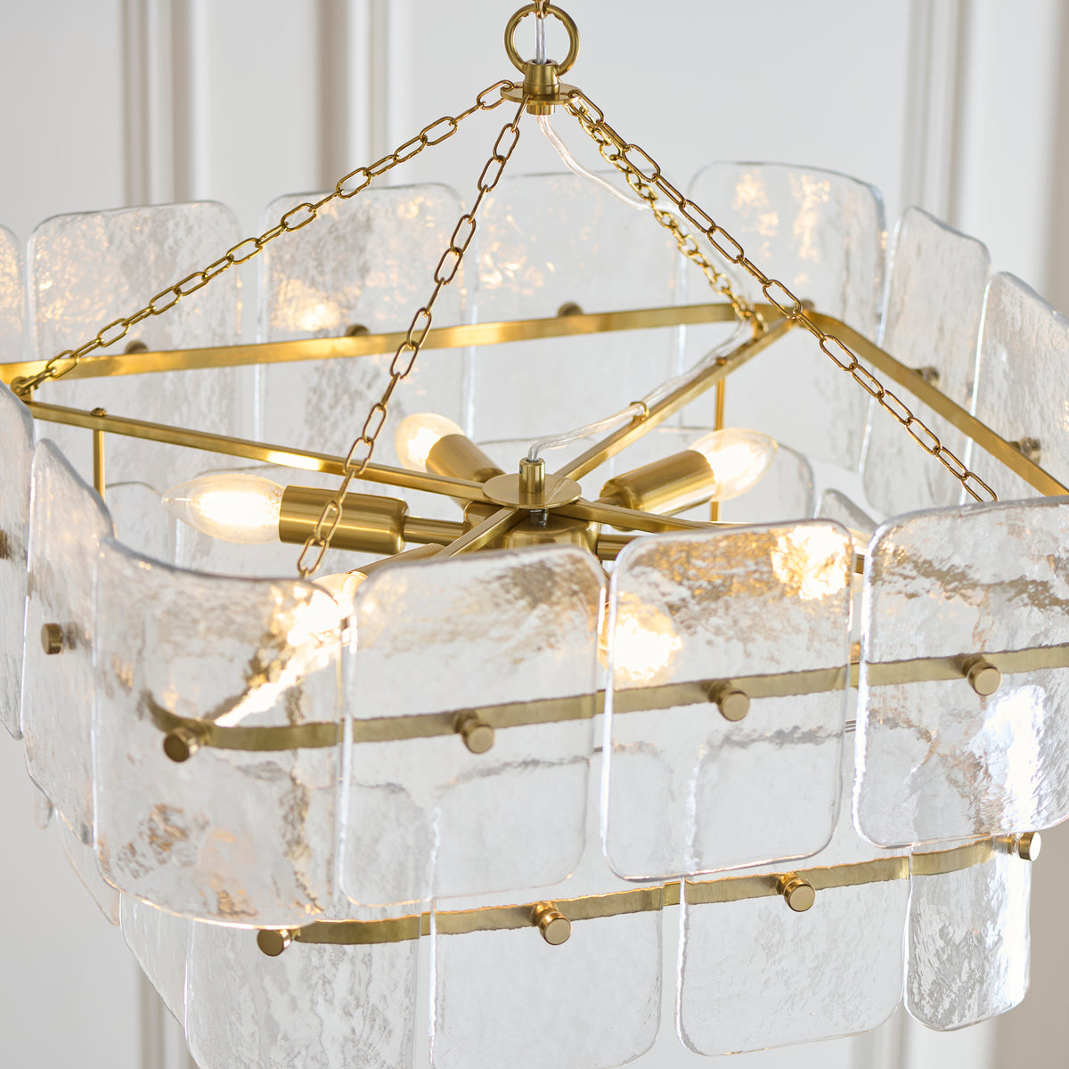 Venice Six Light Two Tier Square Pendant with Clear Textured Glass Panels