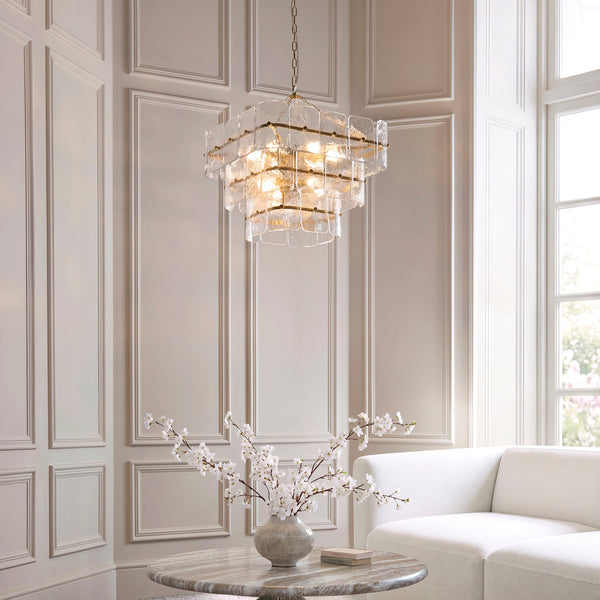 Venice Ten Light Three Tier Square Pendant with Clear Textured Glass Panels