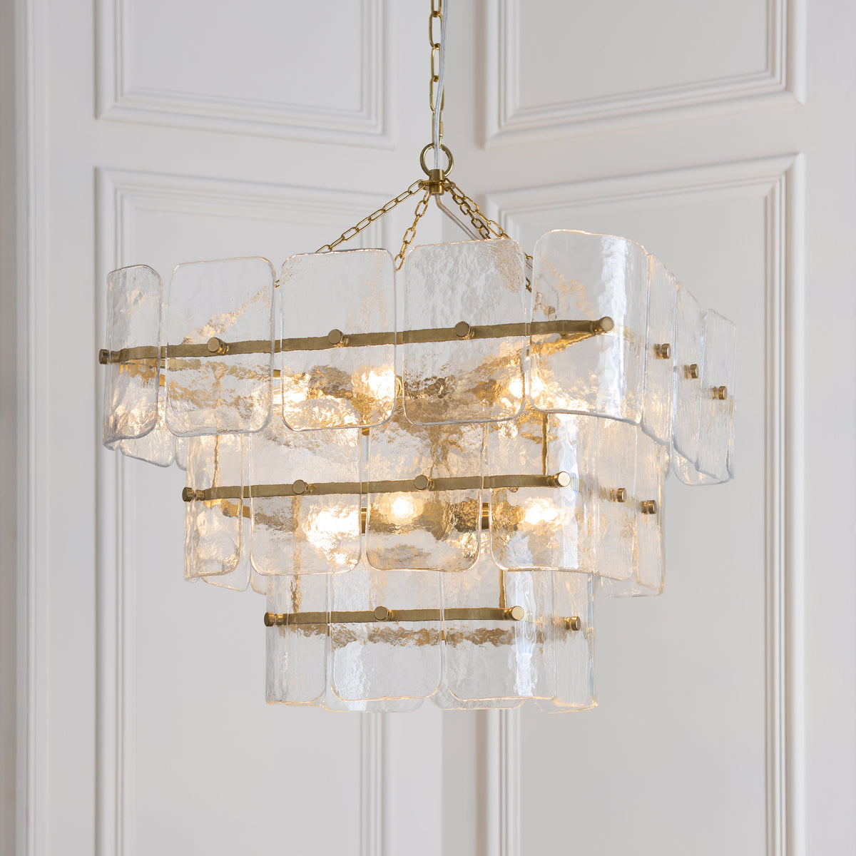 Venice Ten Light Three Tier Square Pendant with Clear Textured Glass Panels