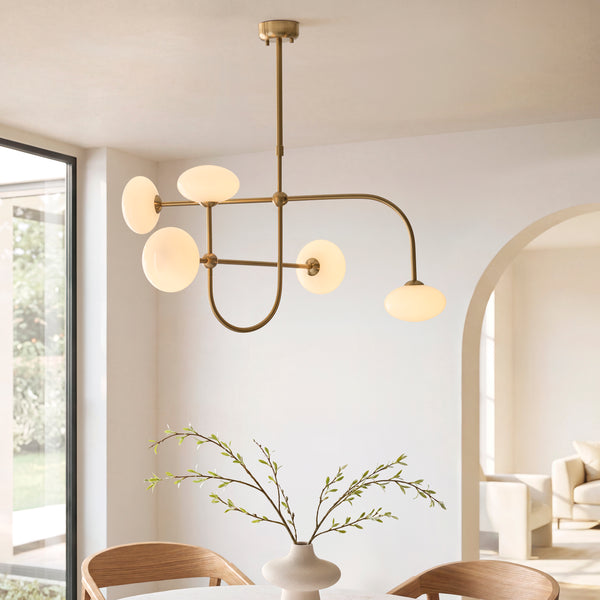 Ottowa Five Light Pendant Chandelier in Brushed Aged Brass with Opal Glass Shades