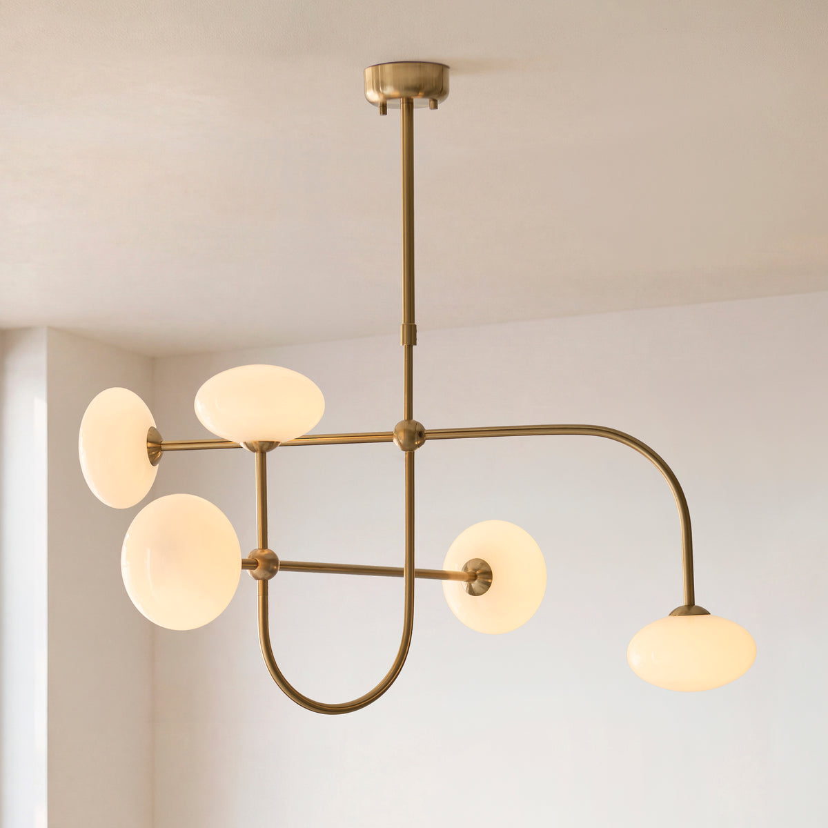 Ottowa Five Light Pendant Chandelier in Brushed Aged Brass with Opal Glass Shades