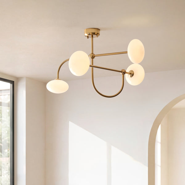 Ottowa Four Light Semi Flush in Brushed Aged Brass with Opal Glass Shades