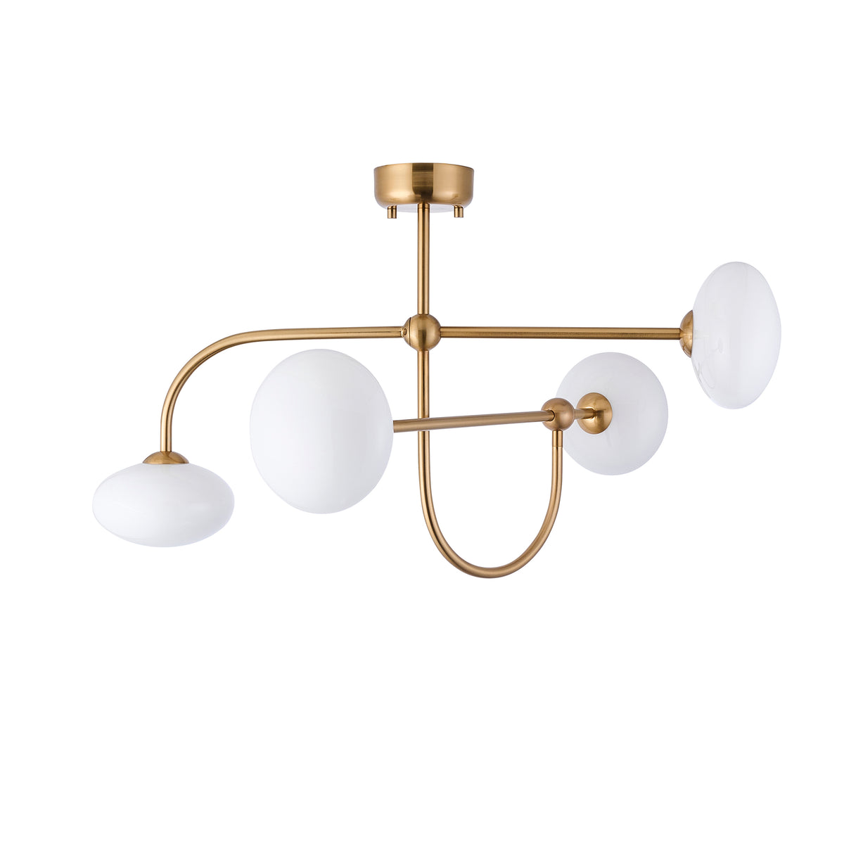 Ottowa Four Light Semi Flush in Brushed Aged Brass with Opal Glass Shades