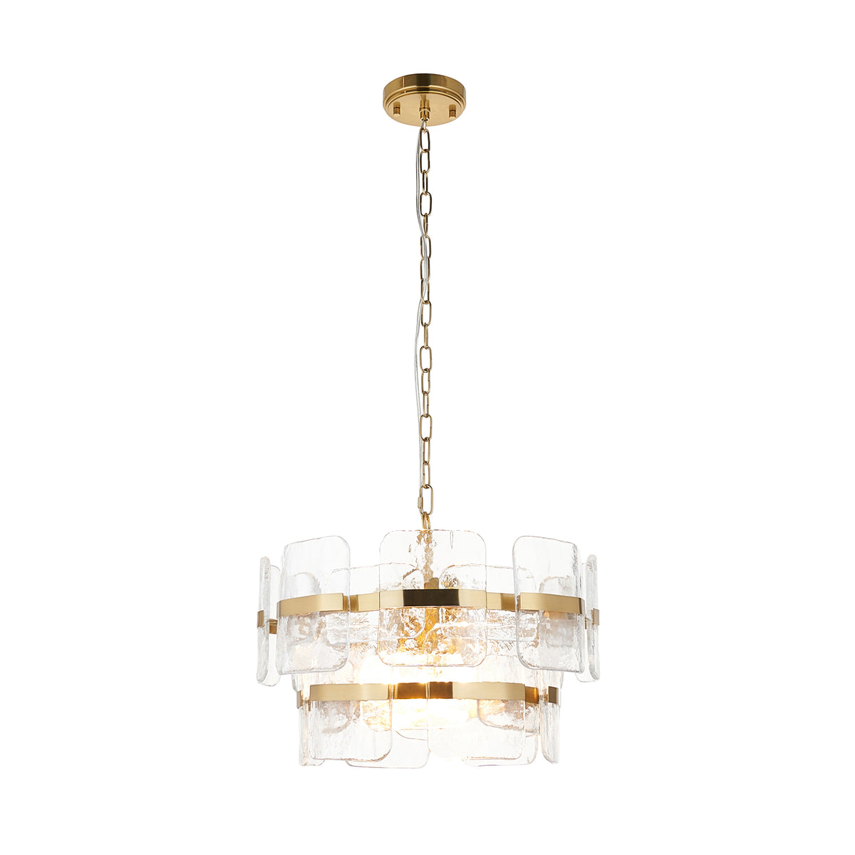 Ancara Three Light Pendant in Brushed Aged Brass with Clear Textured Glass Panels