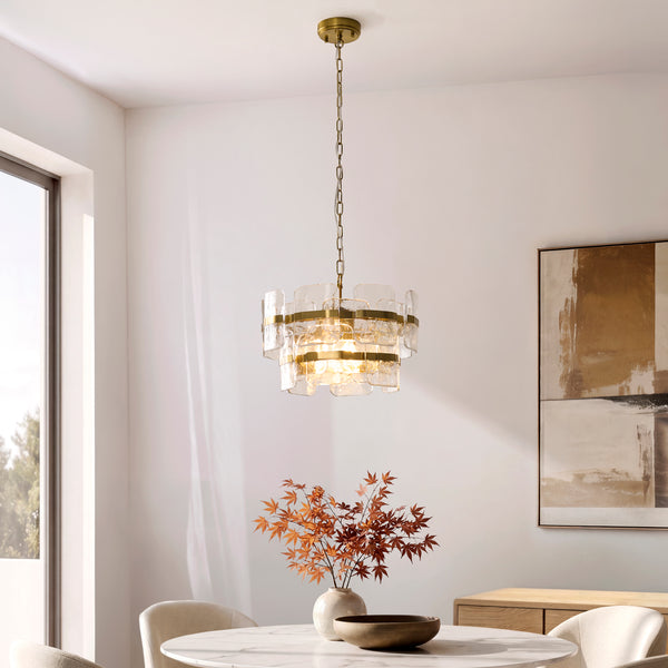 Ancara Three Light Pendant in Brushed Aged Brass with Clear Textured Glass Panels
