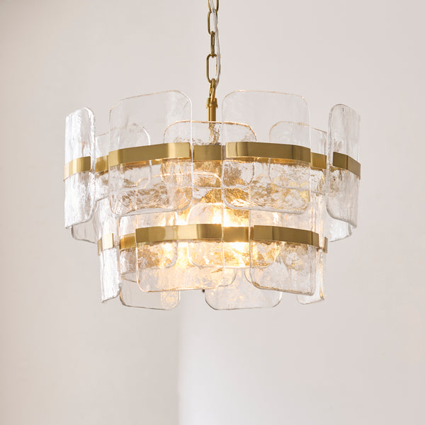 Ancara Three Light Pendant in Brushed Aged Brass with Clear Textured Glass Panels