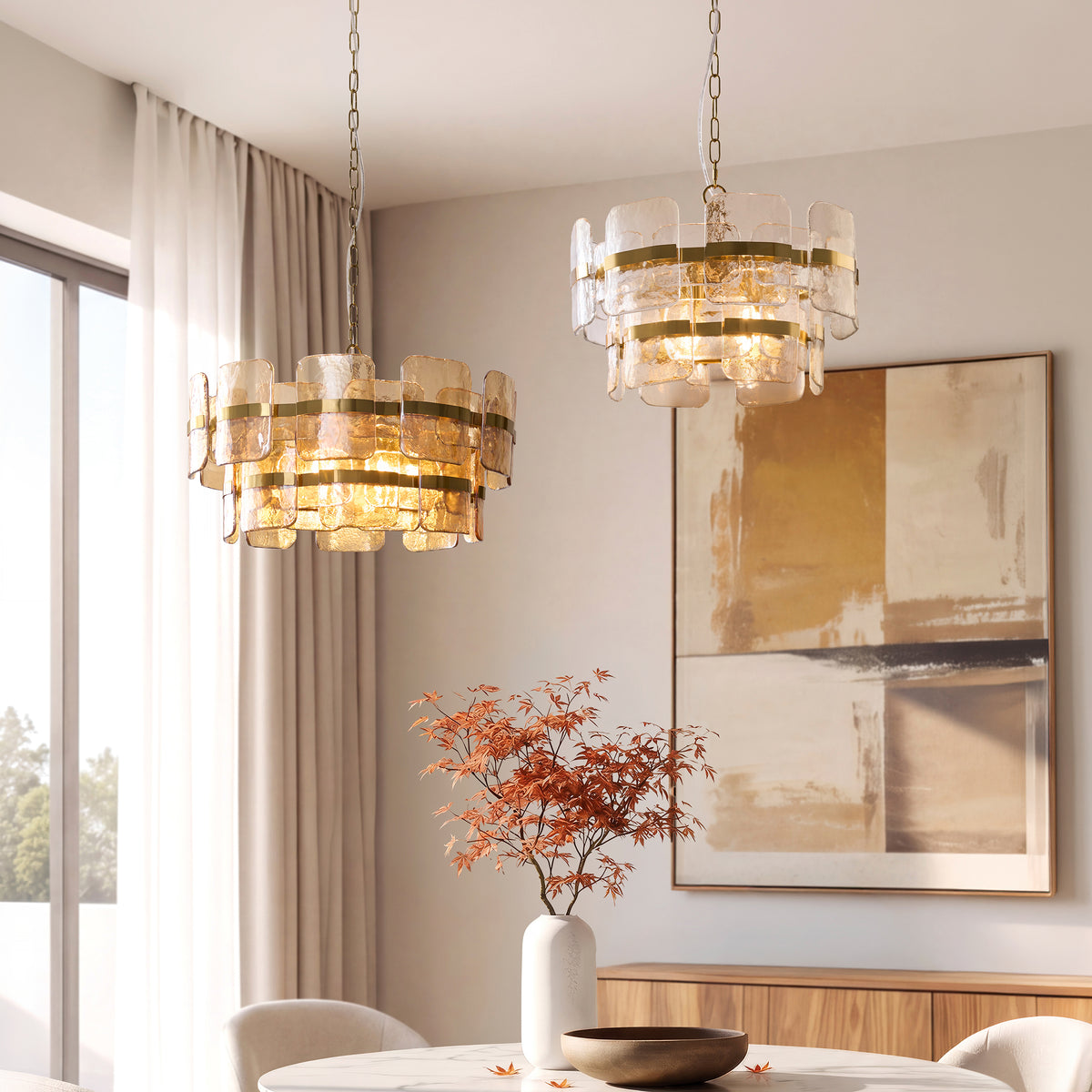 Ancara Three Light Pendant in Brushed Aged Brass with Clear Textured Glass Panels