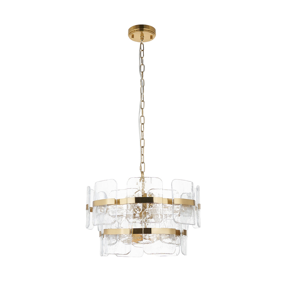 Ancara Three Light Pendant in Brushed Aged Brass with Clear Textured Glass Panels