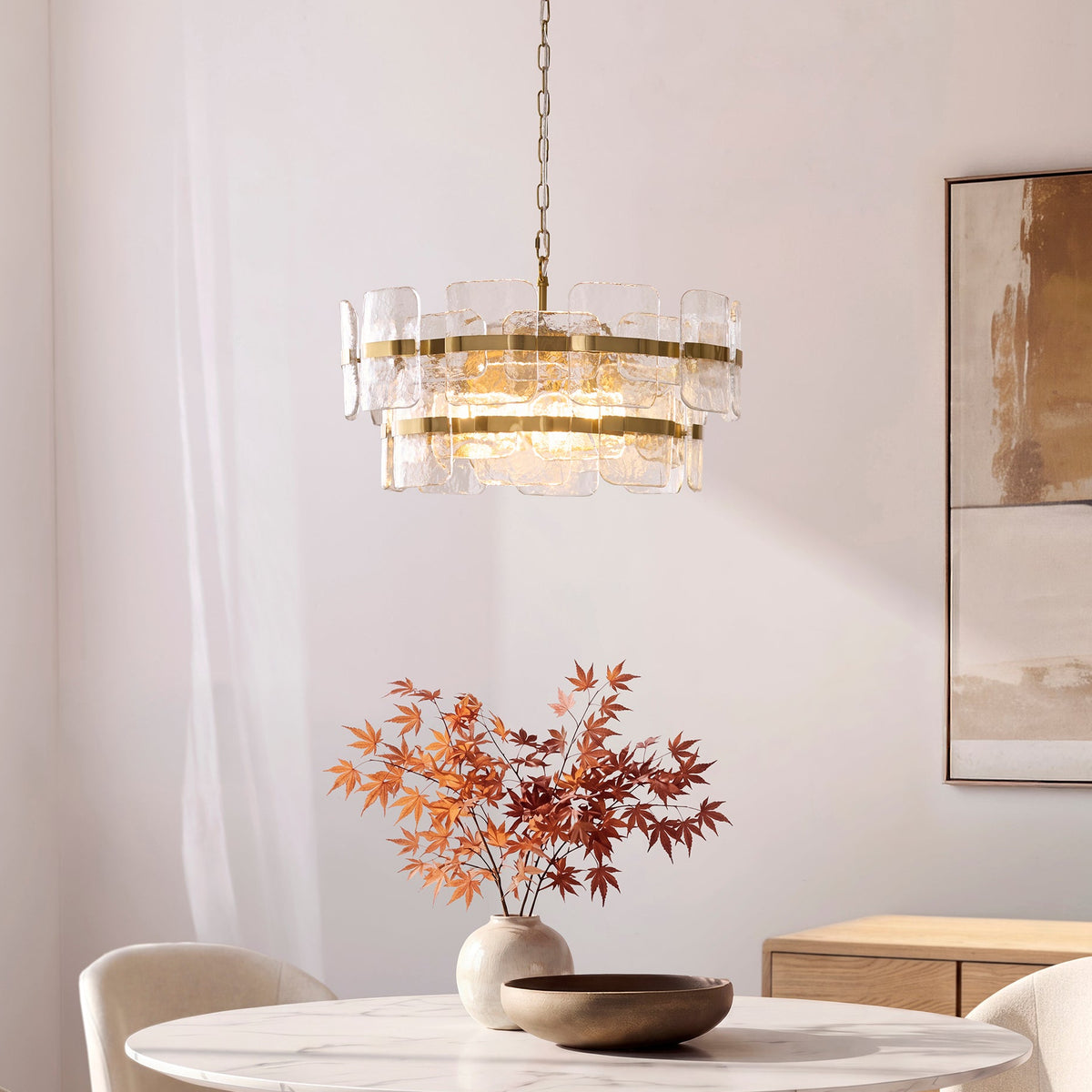 Ancara Six Light Pendant in Brushed Aged Brass with Clear Textured Glass Panels