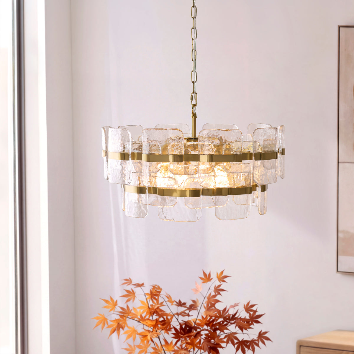 Ancara Six Light Pendant in Brushed Aged Brass with Clear Textured Glass Panels
