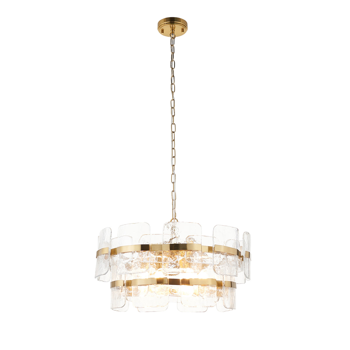 Ancara Six Light Pendant in Brushed Aged Brass with Clear Textured Glass Panels