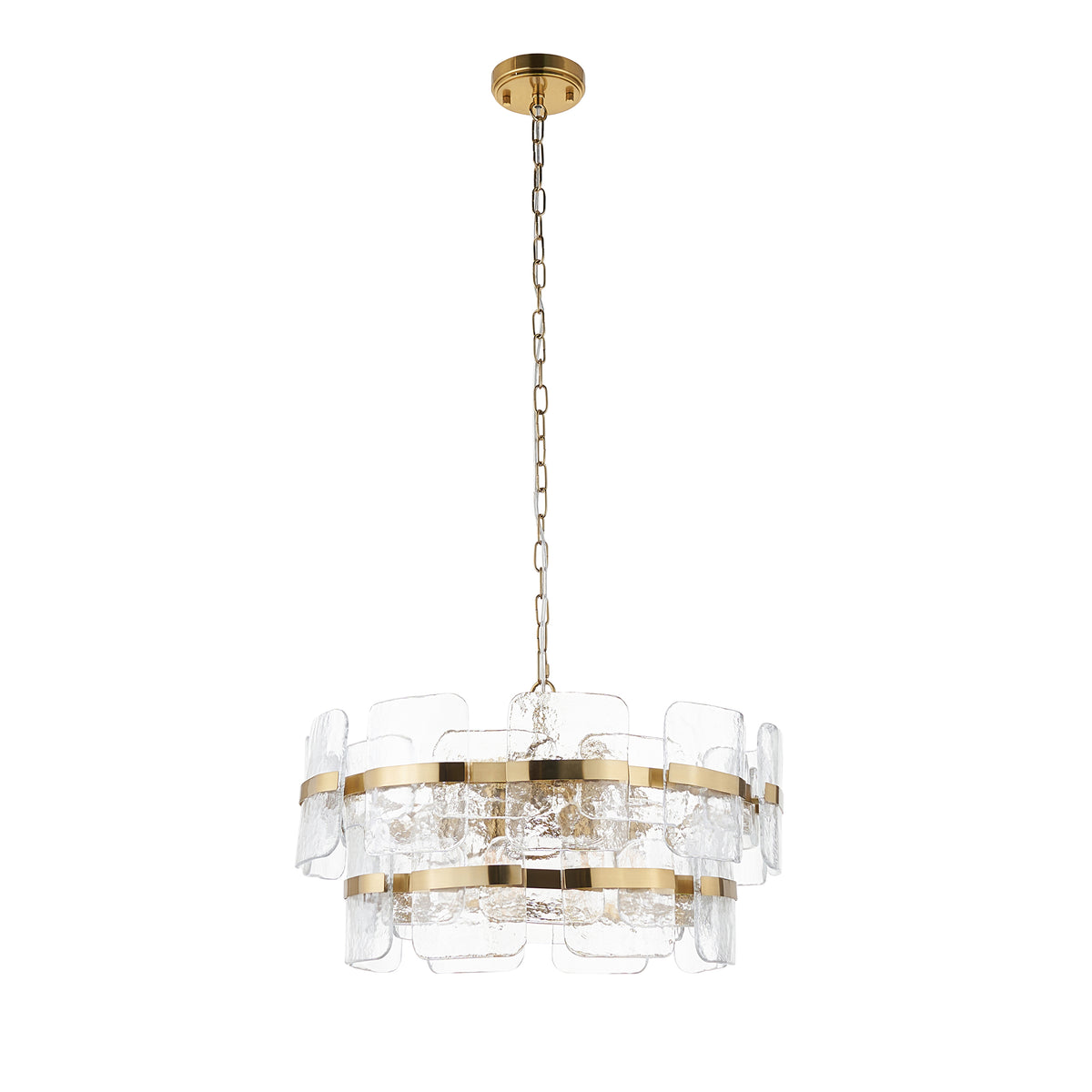 Ancara Six Light Pendant in Brushed Aged Brass with Clear Textured Glass Panels