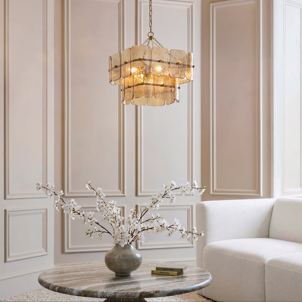 Venice Four Light Two Tier Square Pendant with Champagne Textured Glass Panels