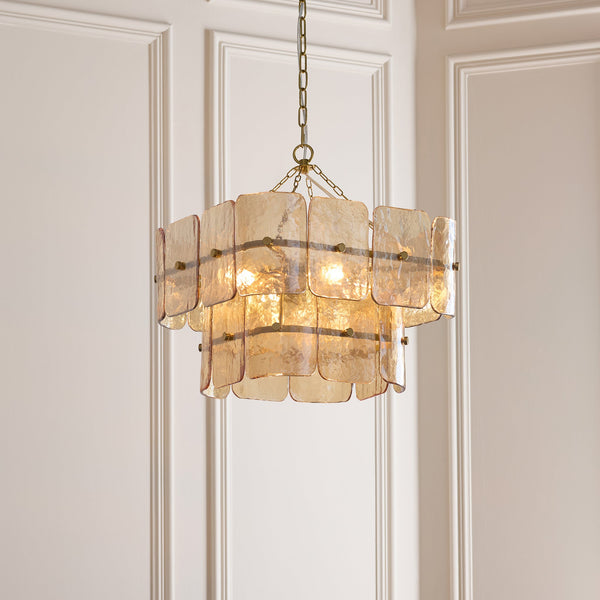 Venice Four Light Two Tier Square Pendant with Champagne Textured Glass Panels