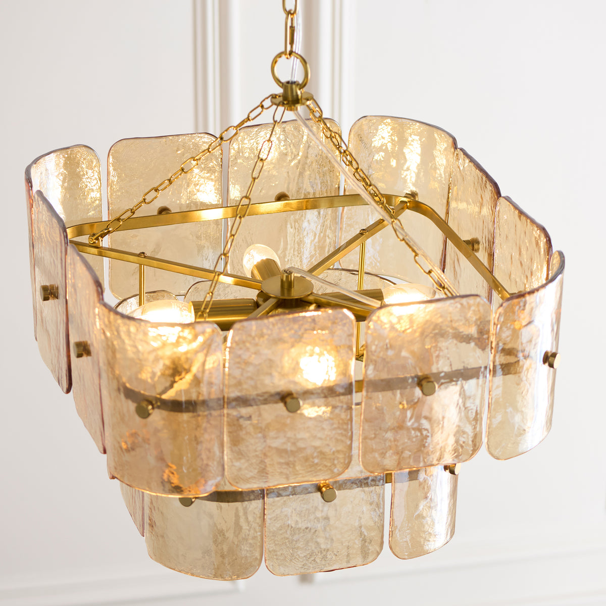 Venice Four Light Two Tier Square Pendant with Champagne Textured Glass Panels