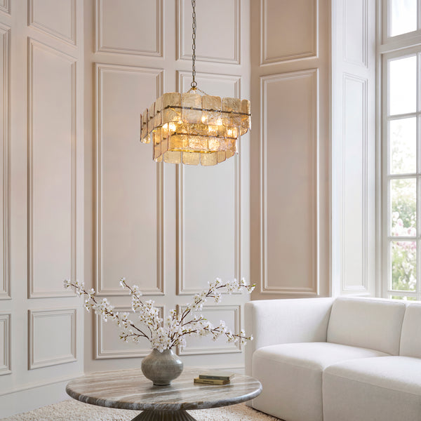 Venice Six Light Two Tier Square Pendant with Champagne Textured Glass Panels