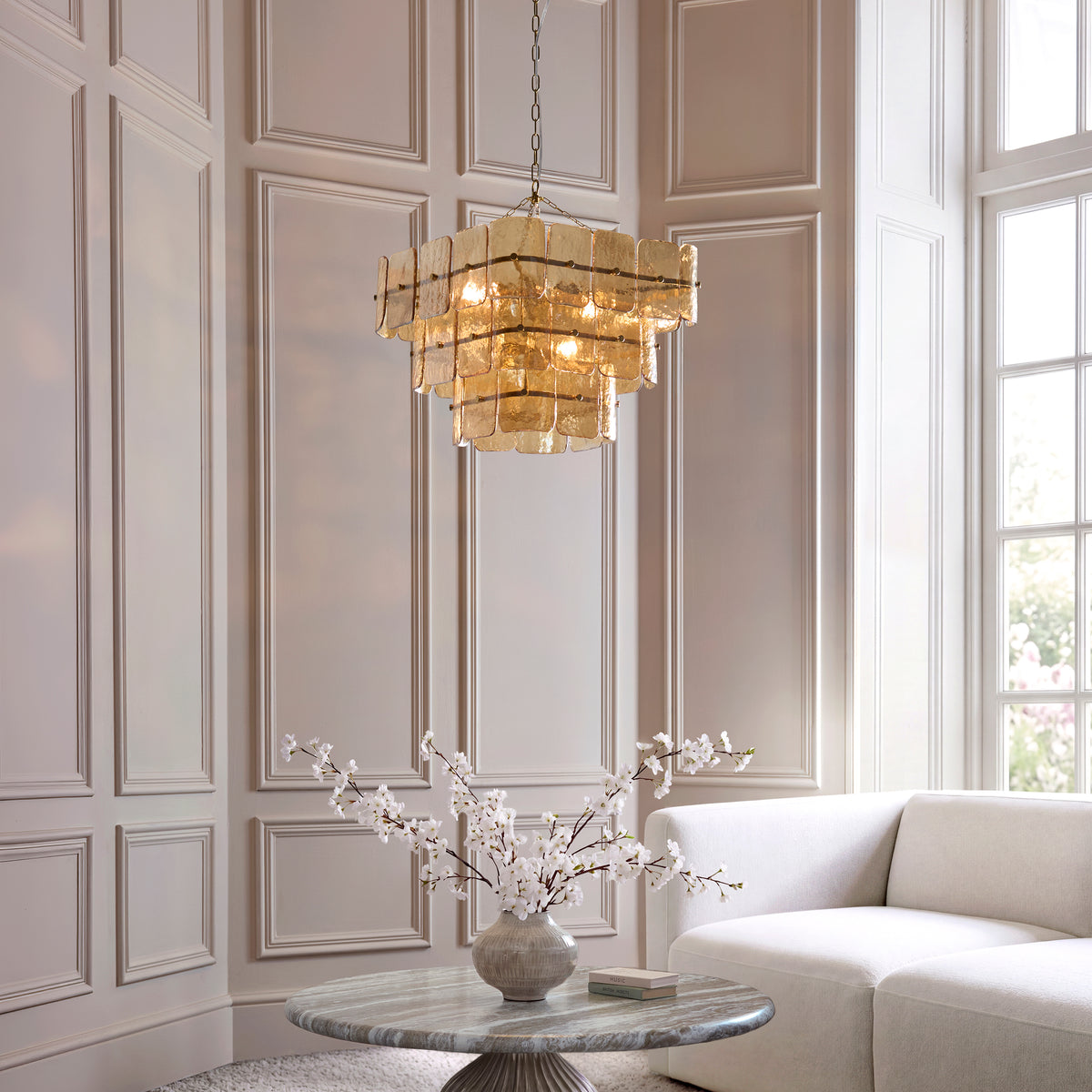 Venice Ten Light Three Tier Square Pendant with Champagne Textured Glass Panels