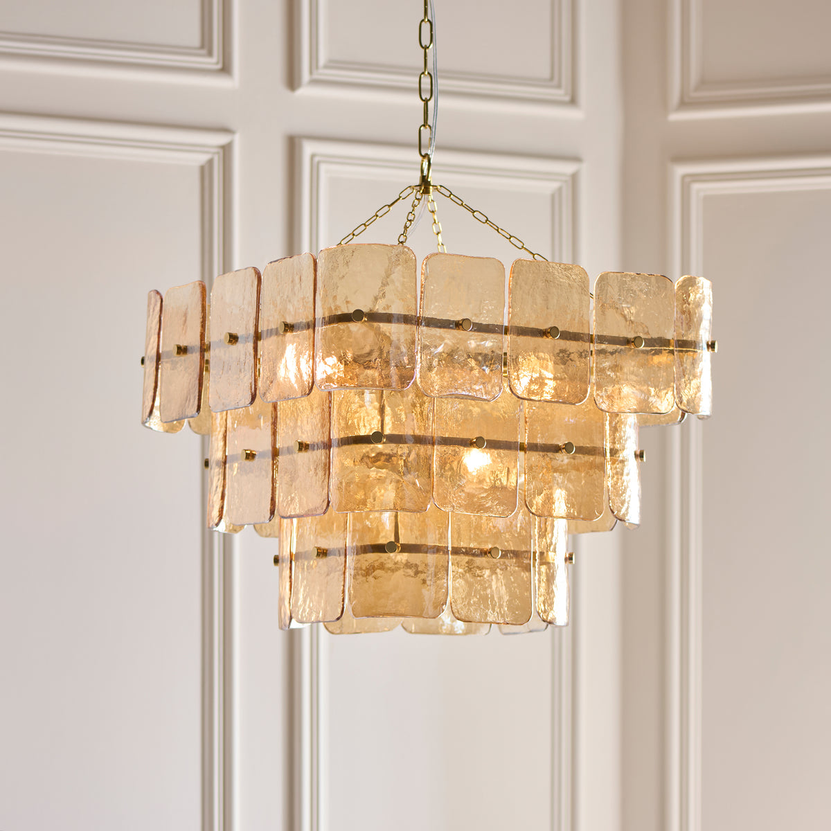 Venice Ten Light Three Tier Square Pendant with Champagne Textured Glass Panels