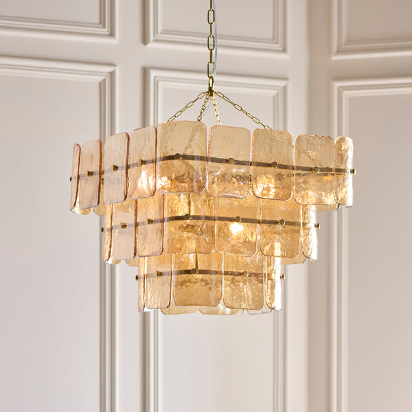 Venice Ten Light Three Tier Square Pendant with Champagne Textured Glass Panels