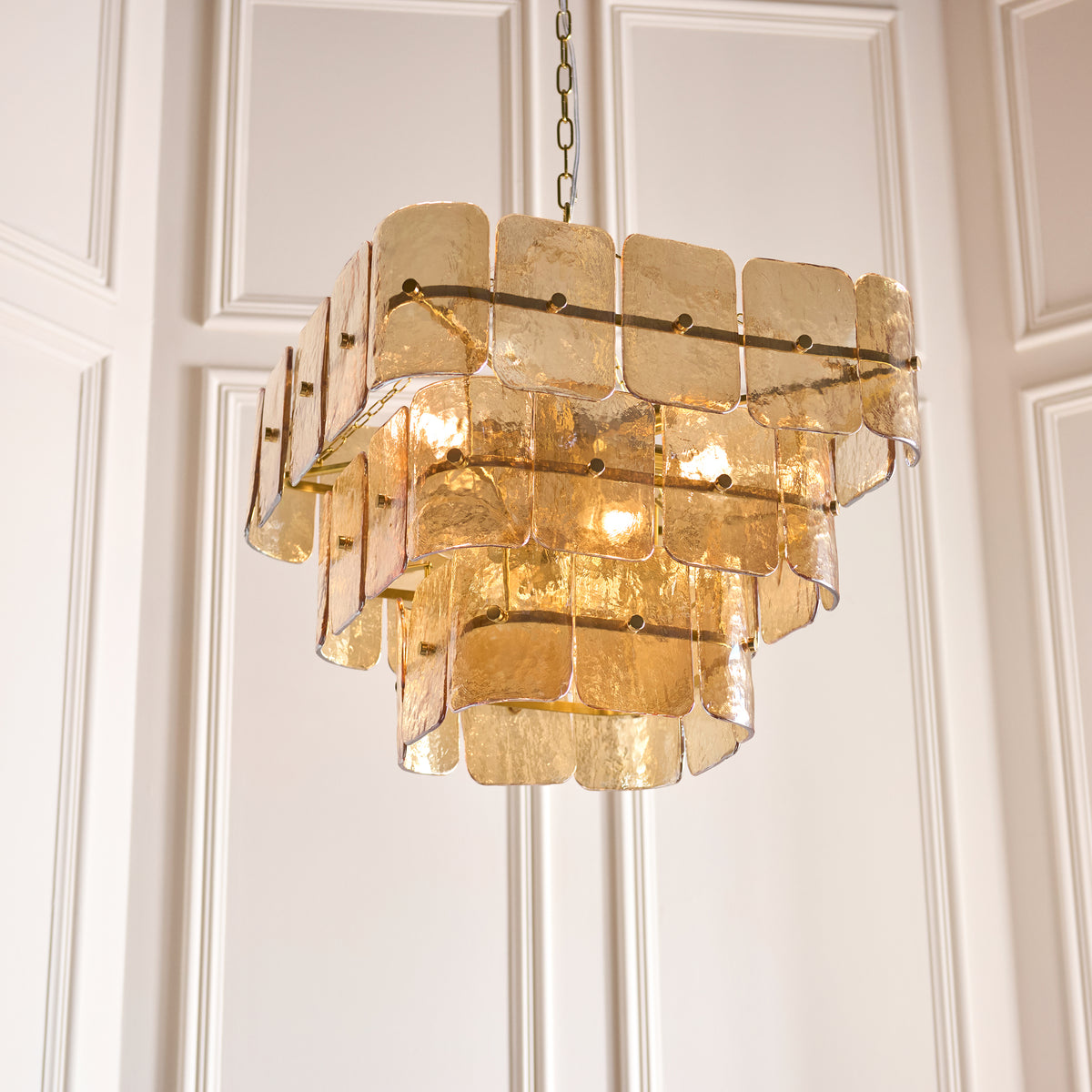Venice Ten Light Three Tier Square Pendant with Champagne Textured Glass Panels
