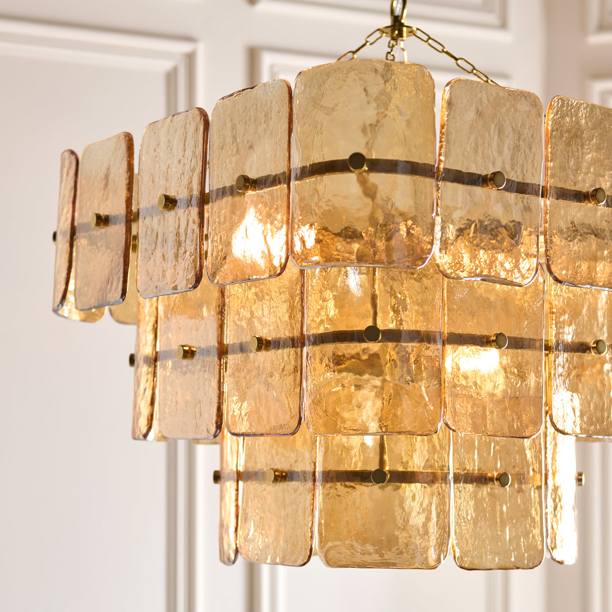 Venice Ten Light Three Tier Square Pendant with Champagne Textured Glass Panels