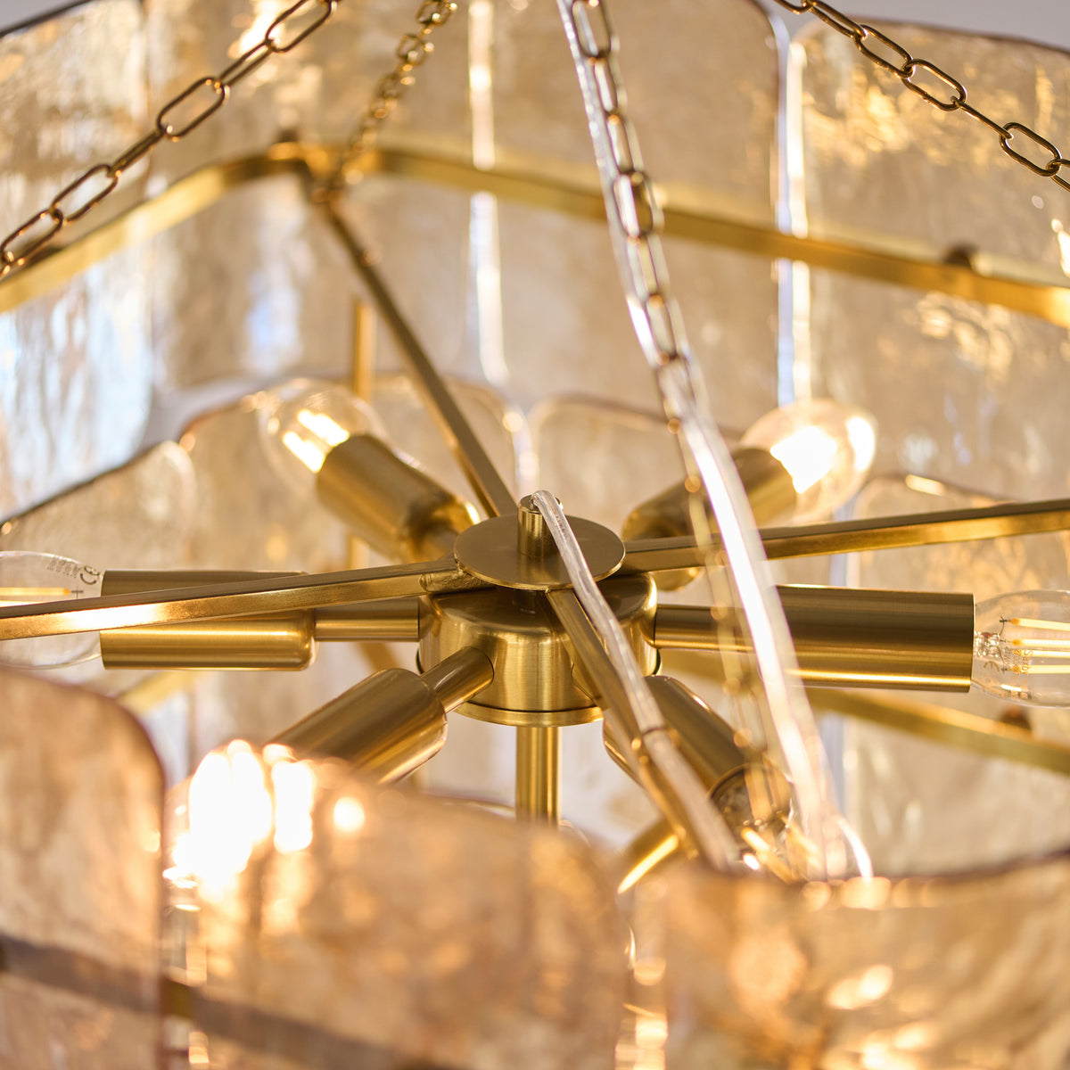 Venice Ten Light Three Tier Square Pendant with Champagne Textured Glass Panels