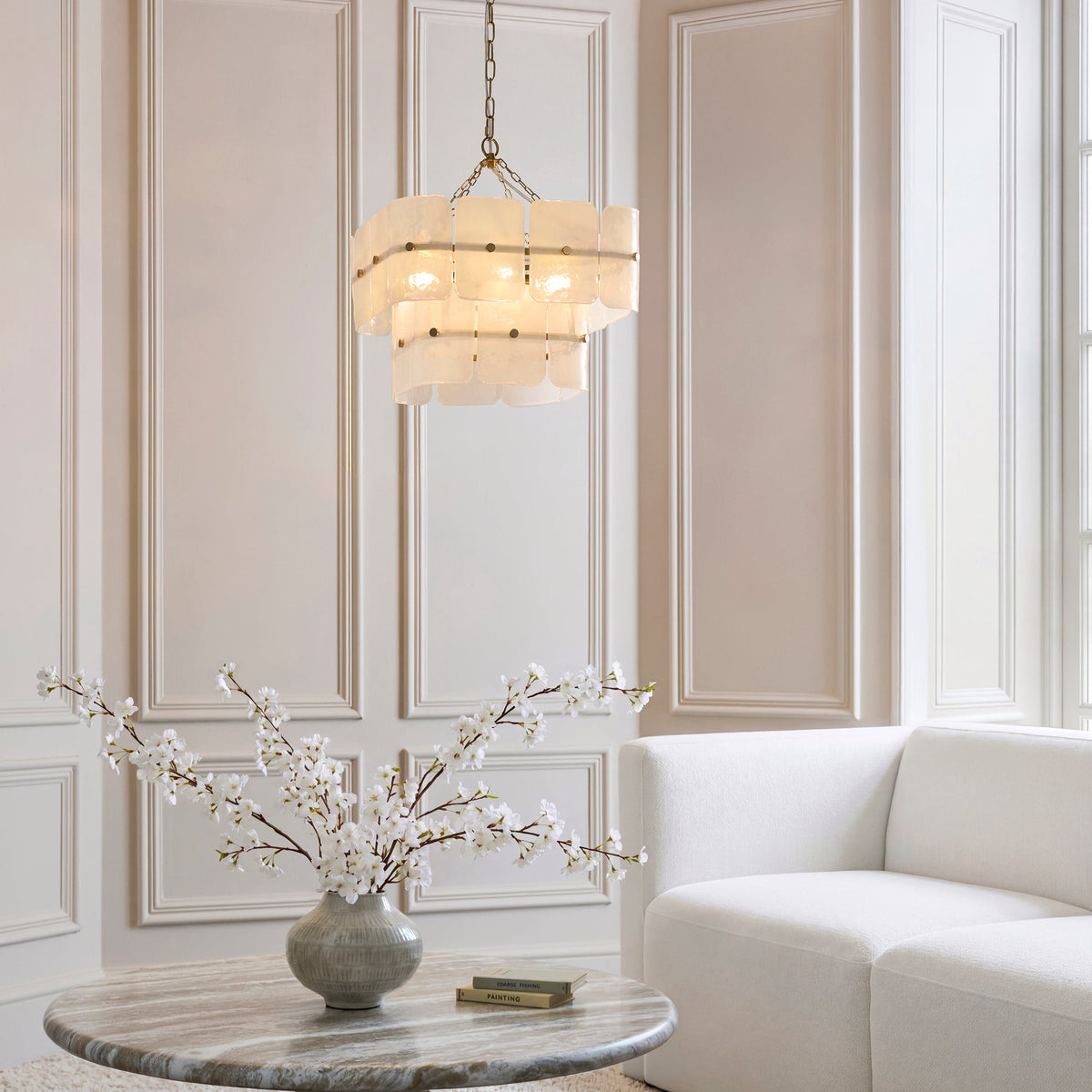 Venice Four Light Two Tier Square Pendant with White Textured Glass Panels