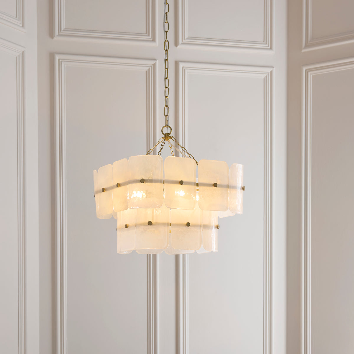 Venice Four Light Two Tier Square Pendant with White Textured Glass Panels