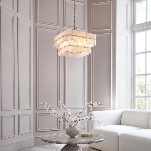 Venice Six Light Two Tier Square Pendant with White Textured Glass Panels