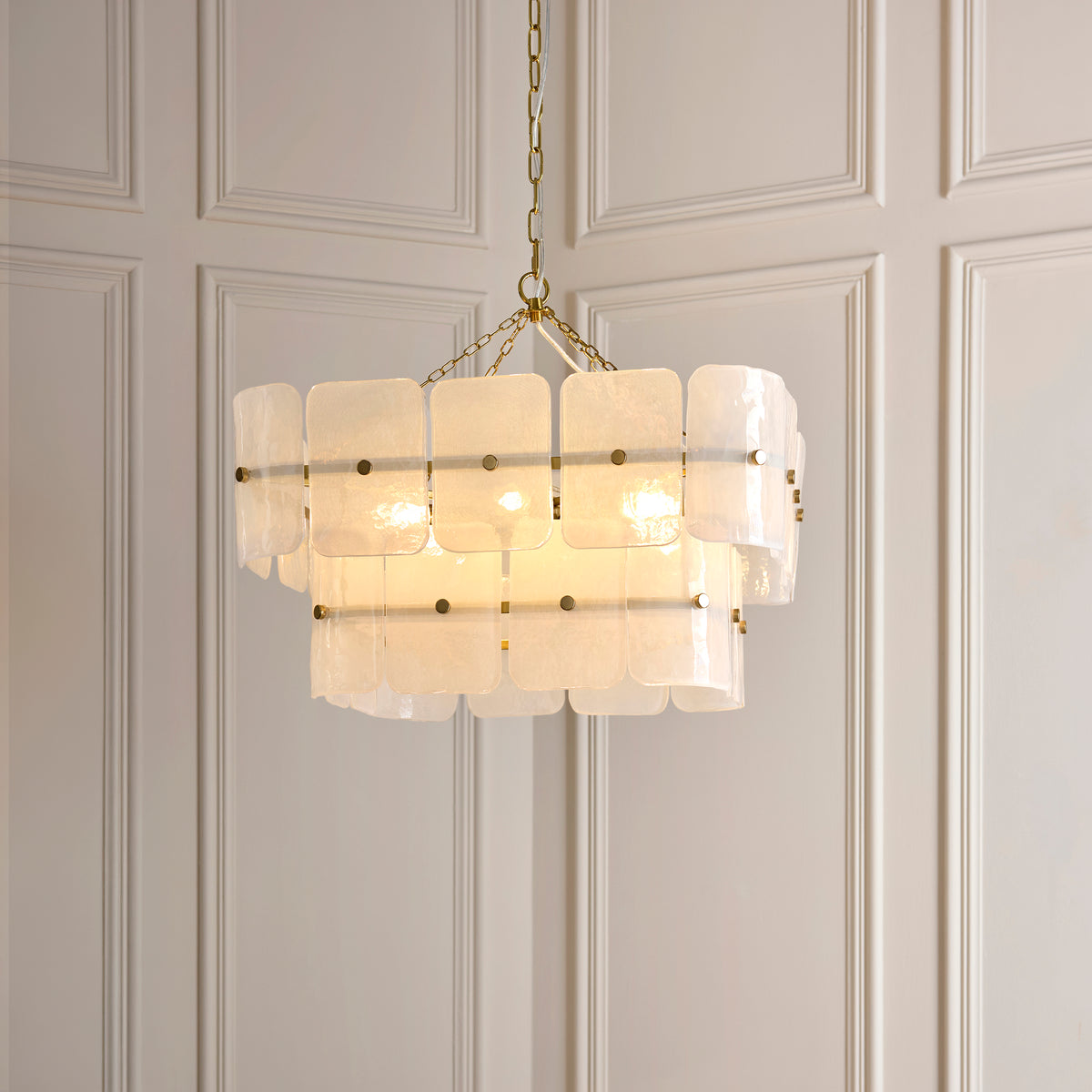 Venice Six Light Two Tier Square Pendant with White Textured Glass Panels