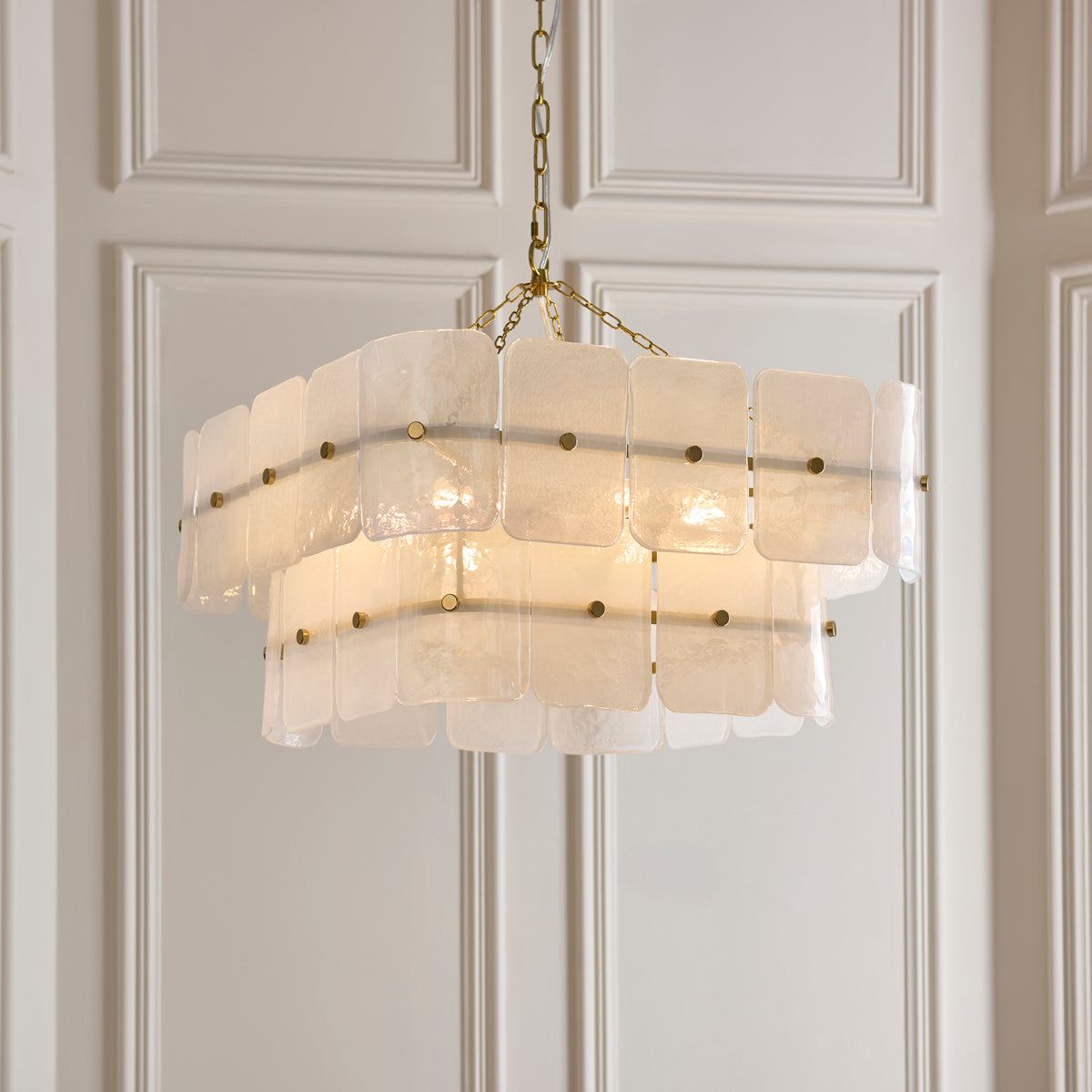 Venice Six Light Two Tier Square Pendant with White Textured Glass Panels
