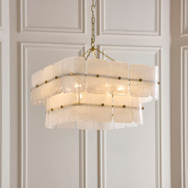 Venice Six Light Two Tier Square Pendant with White Textured Glass Panels