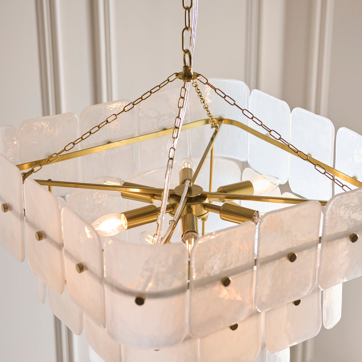 Venice Ten Light Three Tier Square Pendant with White Textured Glass Panels