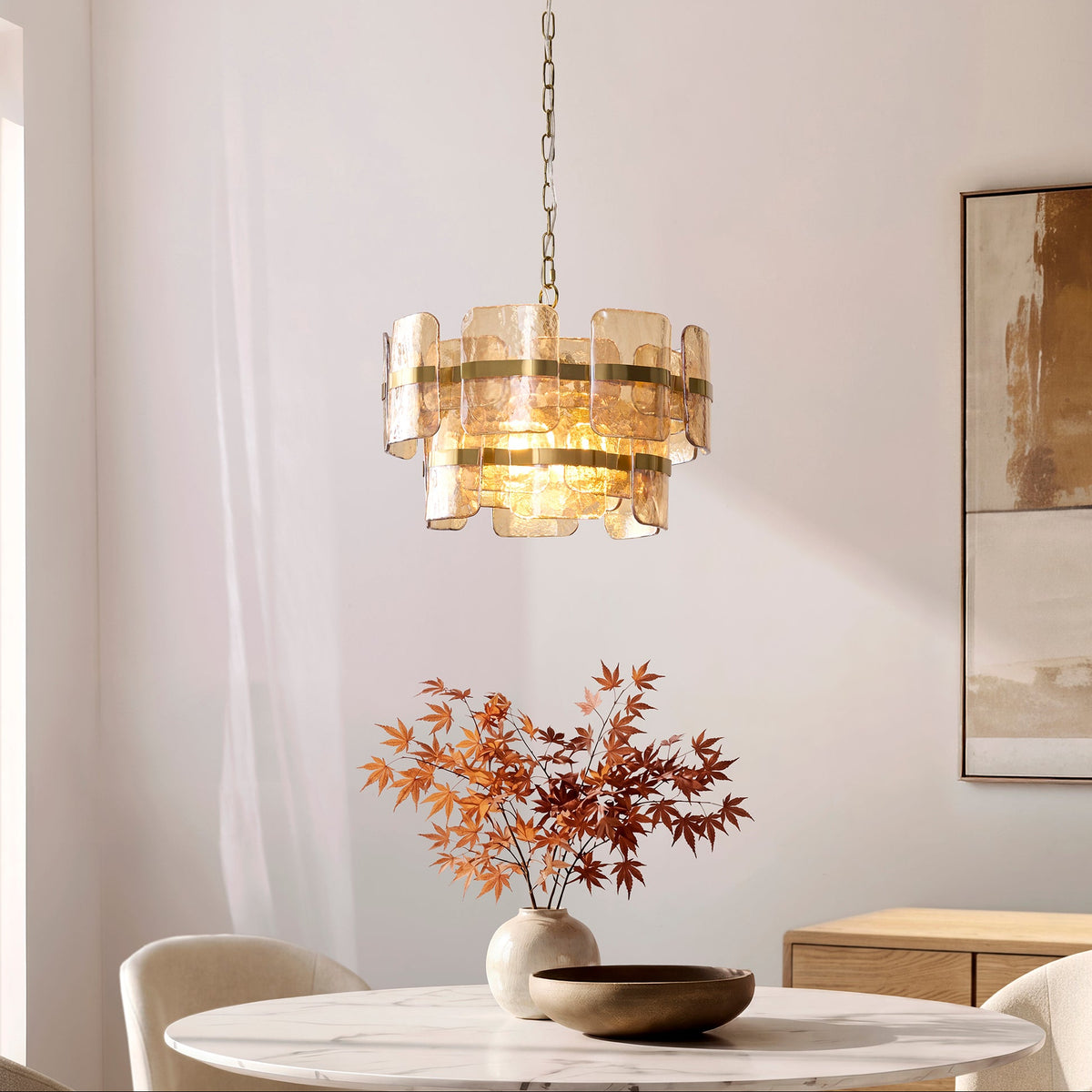 Ancara Three Light Pendant in Brushed Aged Brass with Champagne Textured Glass Panels