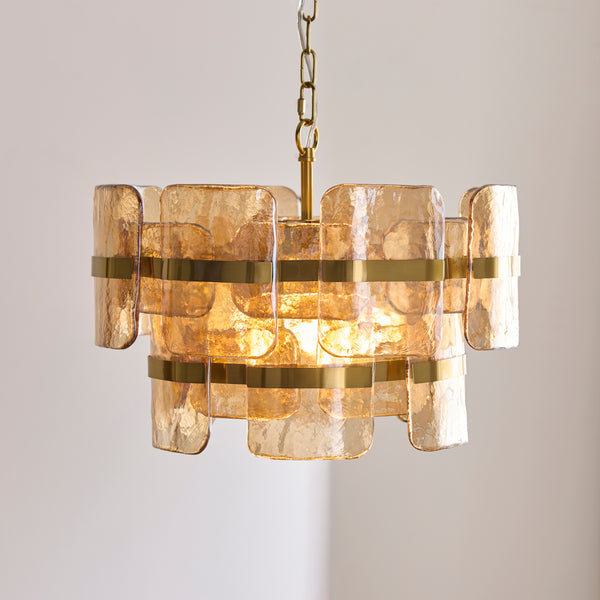 Ancara Three Light Pendant in Brushed Aged Brass with Champagne Textured Glass Panels