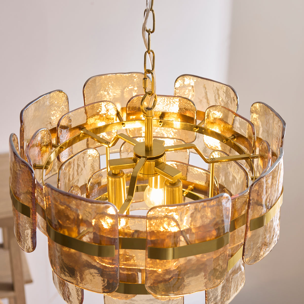 Ancara Three Light Pendant in Brushed Aged Brass with Champagne Textured Glass Panels