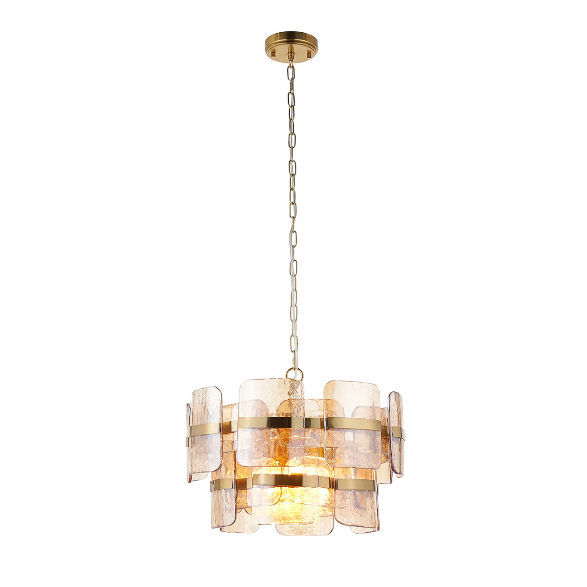 Ancara Three Light Pendant in Brushed Aged Brass with Champagne Textured Glass Panels