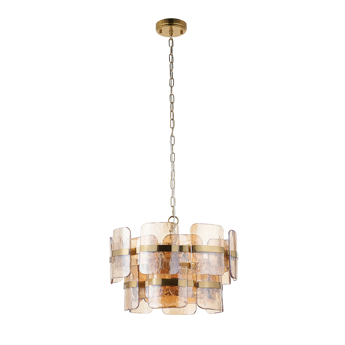 Ancara Three Light Pendant in Brushed Aged Brass with Champagne Textured Glass Panels