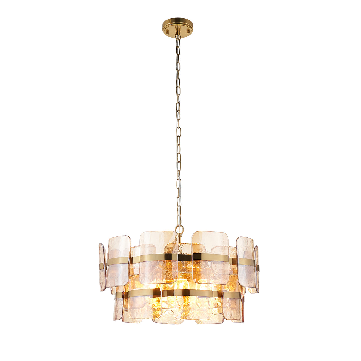 Ancara Six Light Pendant in Brushed Aged Brass with Champagne Textured Glass Panels