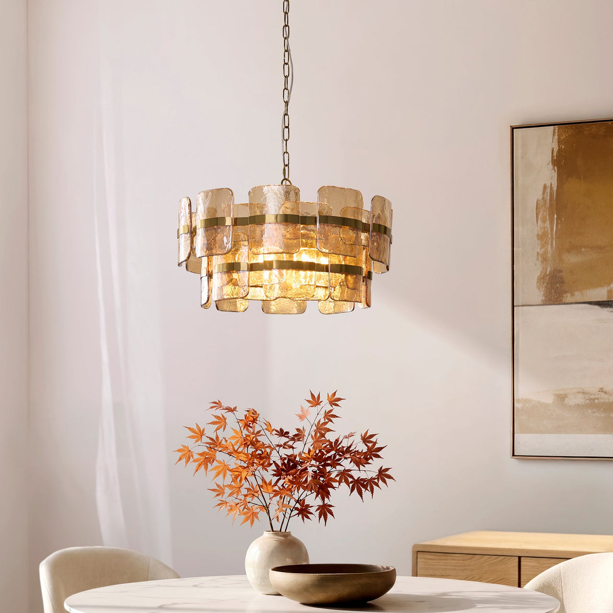 Ancara Six Light Pendant in Brushed Aged Brass with Champagne Textured Glass Panels