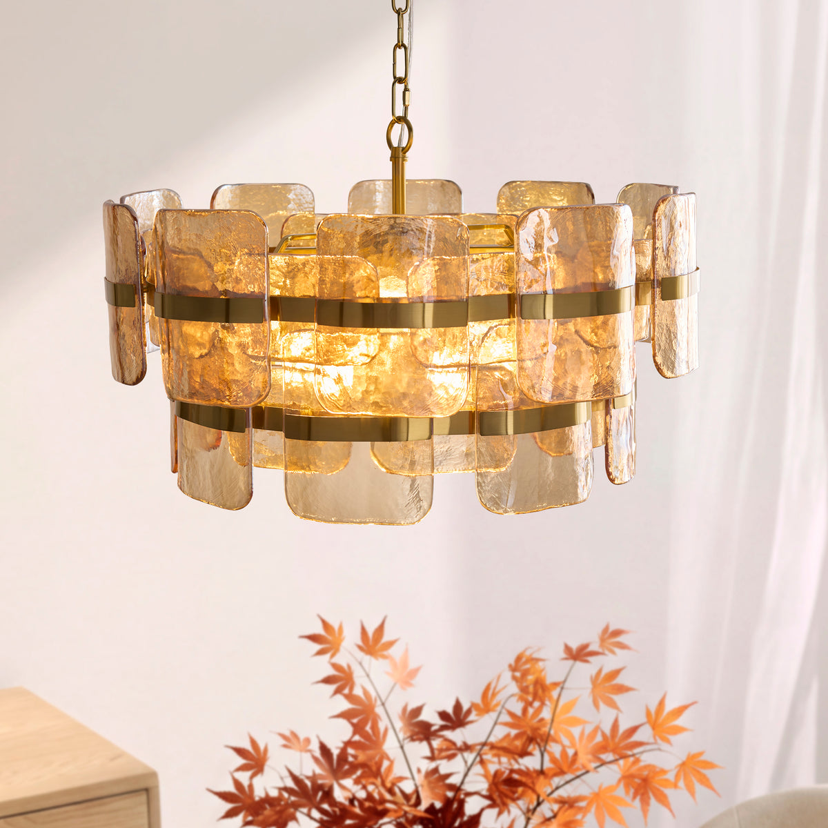 Ancara Six Light Pendant in Brushed Aged Brass with Champagne Textured Glass Panels