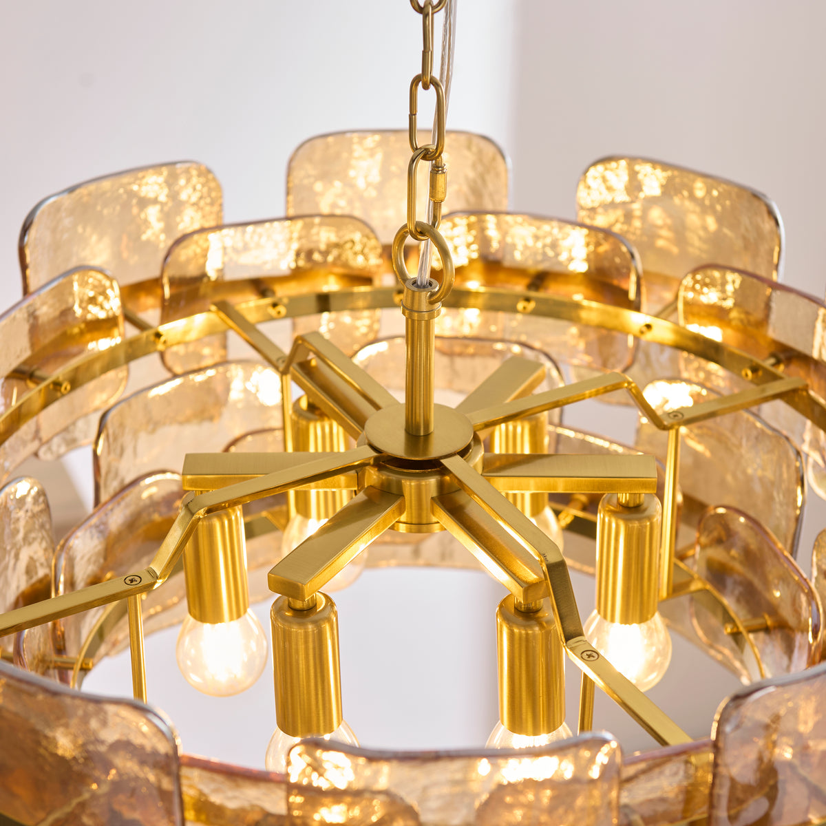 Ancara Six Light Pendant in Brushed Aged Brass with Champagne Textured Glass Panels