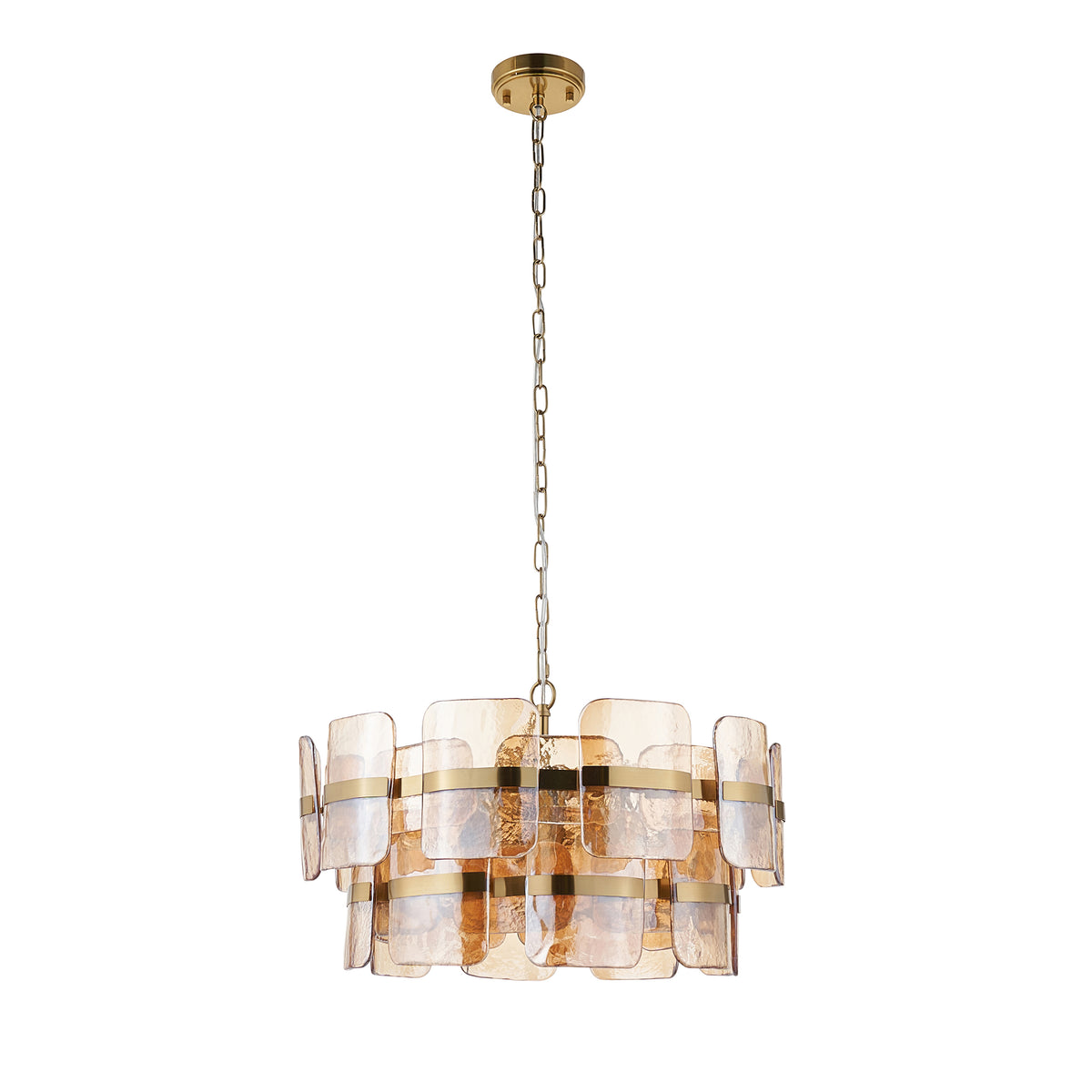 Ancara Six Light Pendant in Brushed Aged Brass with Champagne Textured Glass Panels