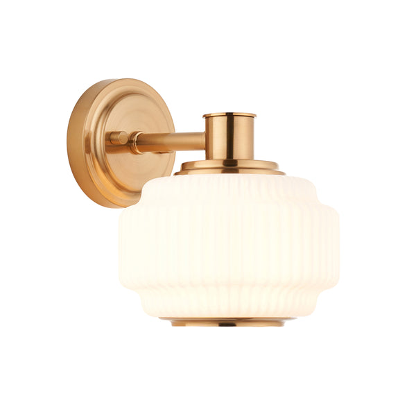 Evora Wall Light in Brushed Aged Brass with Gloss Opal Ribbed Glass