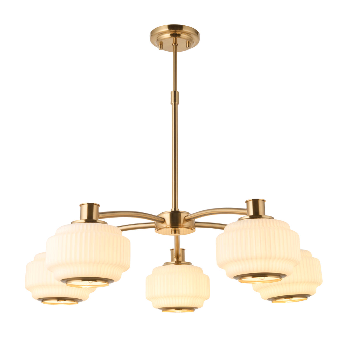Evora Five Arm Pendant in Brushed Aged Brass with Gloss Opal Ribbed Glass Shades
